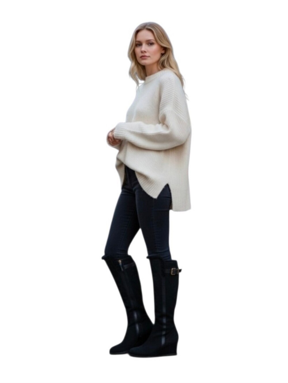 Fendi Wedge  Suede  Fur Trim Black  Knee High Boots Size 38 1/2 - Picture 2 of 16